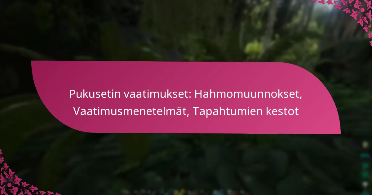 Pukusetin vaatimukset: Hahmomuunnokset, Vaatimusmenetelmät, Tapahtumien kestot
